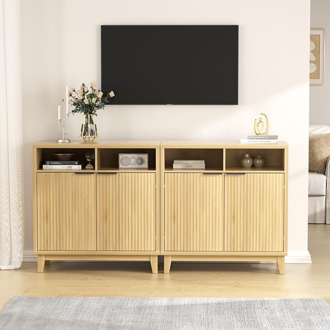 Fluted Sideboard Cabinet with Wavy Door Panel, Solid Wood Leg & Adjustable Shelf, Quality MDF Storage Cabinet for Entryway, Living Room, Dining Room, 15.7" D x 31.5" W x 32.3" H