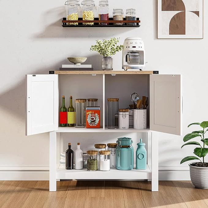 Cheersstar Farmhouse Console Table with 2 Storage Cabinets, Coffee Bar, Entryway Table with with Storage Shelf, Farmhouse Buffet Sideboard for Kitchen, Hallway, Entry Way, Living Room, White