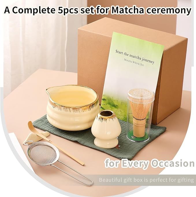 7-Piece Matcha Whisk Set – Yellow Spouted Ceramic Bowl with Golden Texture + Bamboo Whisk, Ceremonial Matcha Kit for Breakfast/Latte, Starter Tea Tools for Matcha Lovers