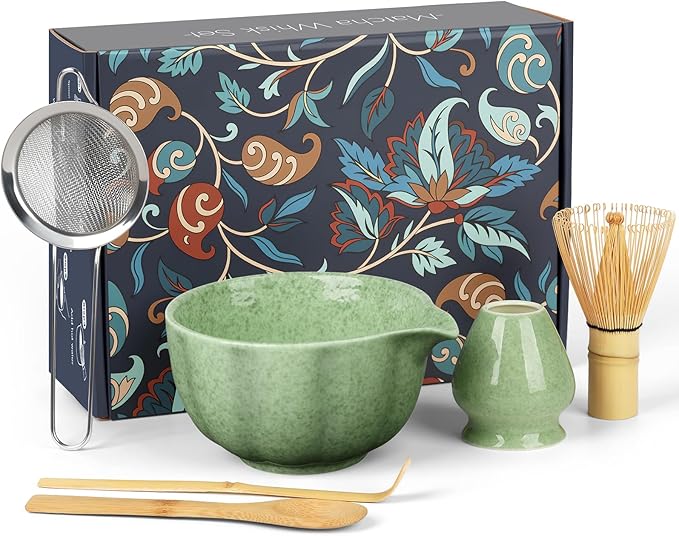 Matcha Whisk Set, 6 PCS Matcha Set-Ceramic Bowl, Whisk and Holder, Scoop, Spoon & Sifter, Complete Tea Ceremony Kit Set, Gift Box for Matcha Lovers, Birthday (Mottled Tea Green)