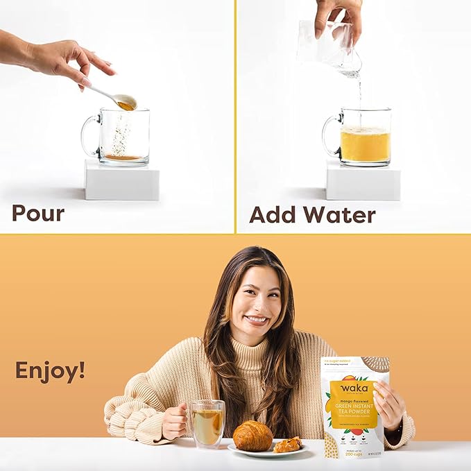 Waka Instant Green Tea Mix, Mango Flavored - 100% Tea Leaves, No Additives, Unsweetened Tea Powder in Bulk Pouch – Easy Quick Hot and Iced Teas, Up to 200 Cups (4.5oz)