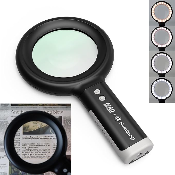 HWATANG OHBIG x MADWORKS 1.6X/2.5D/100mm Dimming Toning LED Magnifying Glass - Green Glass Lens, Daily Vision, Insect Observation, Soldering, Ra 94 Ring Light, 40+ Reading Magnifier (Handheld)