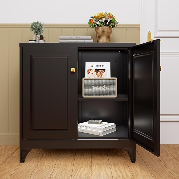 Sideboard Buffet Cabinet, 33" H Sideboard Buffet Storage Cabinet with Doors and Shelves, Coffee Bar, Metal Side Board Cabinets for Living Room, Assembly Required, Black