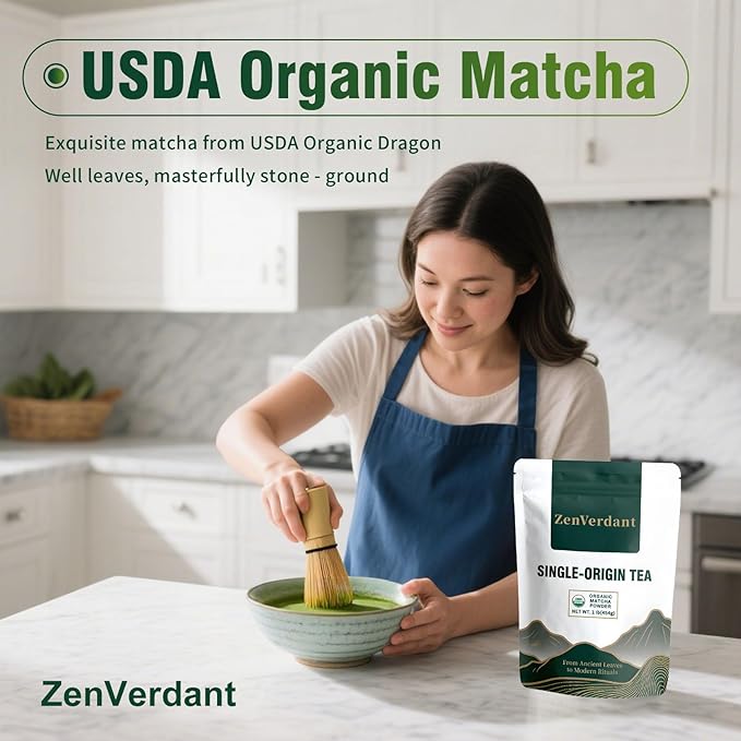 ZenVerdant USDA Organic Matcha, 16oz | Dragon Well Infused | Resealable Pouch | For Lattes, Baking & Daily Drinking
