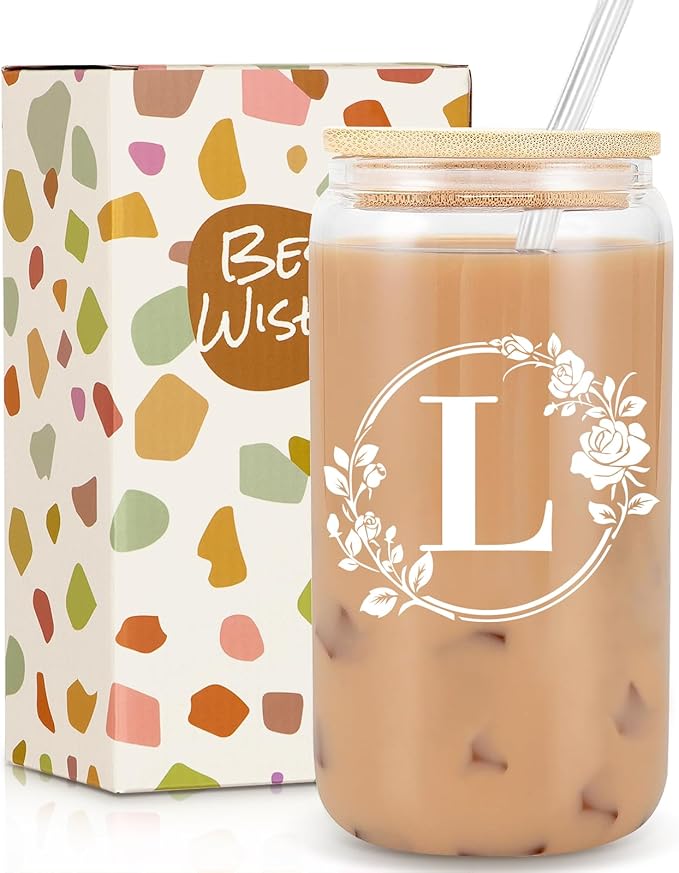 Birthday Gifts for Women, Monogrammed Initial Glass Cup Personalized Gifts for Women, 16oz Glass Cups with Lids and Straws, Iced Coffee Cup, Beer Can Shaped - Gift for Christmas, Birthday, L