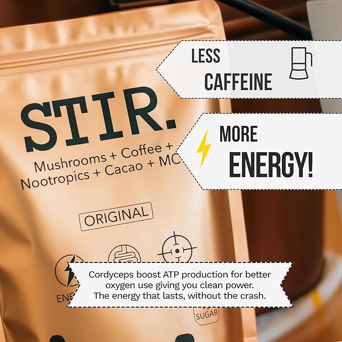 STIR Premium Instant Mushroom Coffee | Lion’s Mane, Chaga, Reishi, Cordyceps, Shiitake, Turkey Tail | Organic Cacao, Vanilla, Coconut MCTs | Focus, Energy, Digestion Support | 30 Servings