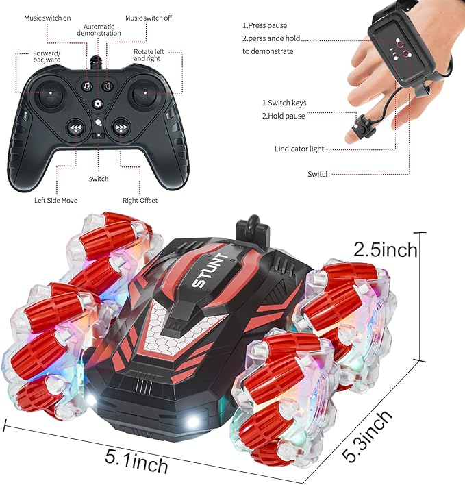 New Gesture Sensing RC Stunt Car with Lights Music, Hand Gesture Remote Control Truck 360° Spins Gifts Toys for 6-12 Years Old Boys