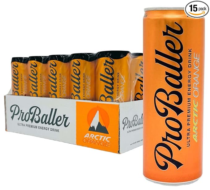 ProBaller Ultra Premium Energy Drink - Natural Clean NSF Certified Sport Drink with Amino Acids, Taurine, Biotin, Organic Agave, Vitamin B 12 Methylcobalamin, & Electrolytes - 15 Pack - Artic Orange