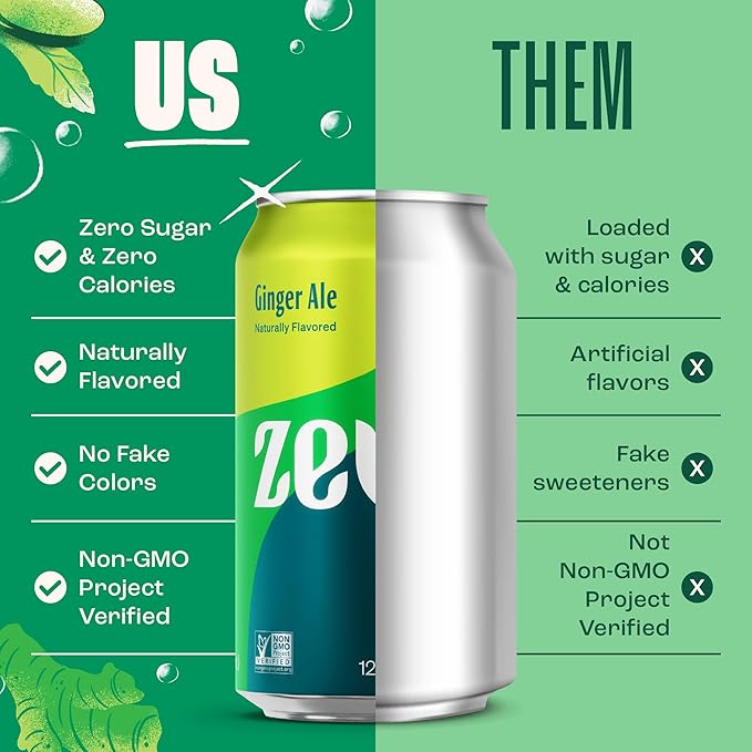 Zevia Zero Sugar Soda, Ginger Ale, 12 oz Cans (24-Pack) – Naturally Sweetened, Non-GMO Project Verified, Gluten-Free, Vegan