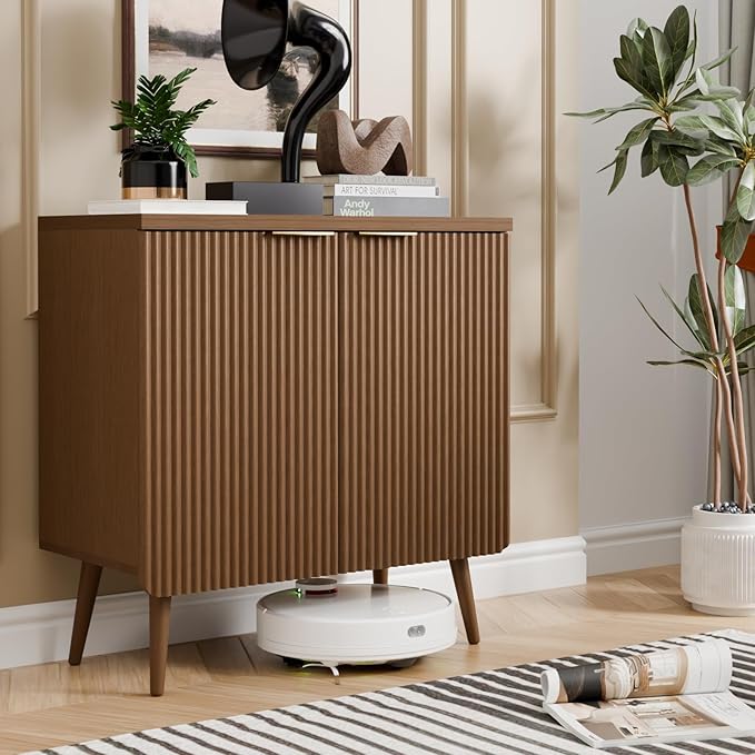 29.5" Wood Fluted Sideboard with 2 Doors, Modern Large Buffet Cabinet with Shelves, Multi-Space Storage Credenza Kitchen for Entryway, Dining & Living Room, Walnut