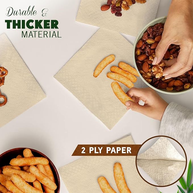 Weemium Compostable Napkins Disposable - FSC Certified - Pack of 300, 2-Ply - 5 x 5 Inch Folded - Post-Consumer Recycled Materials - Biodegradable & Highly Absorbent Paper Napkins for Lunch & Dinner
