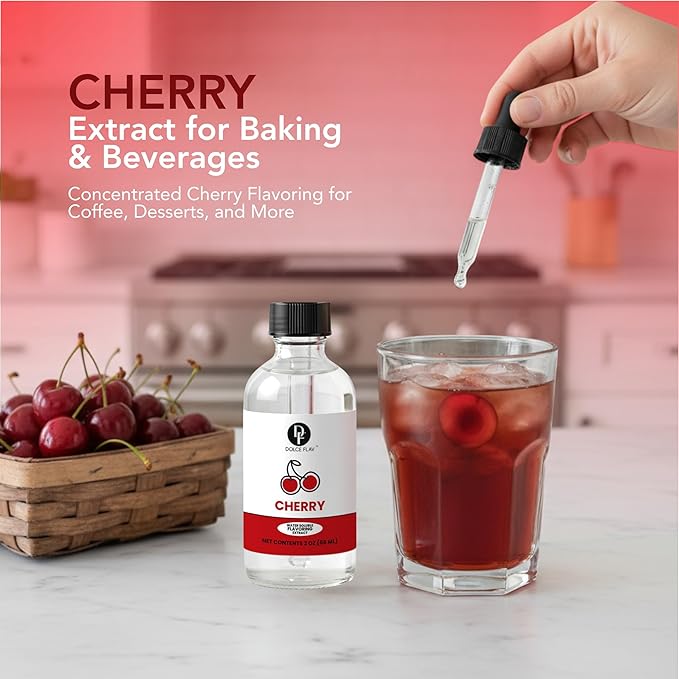 Dolce Flav Natural Cherry Extract – 2 oz Water-Soluble Pure Cherry Flavoring Drops for Baking, Drinks & Desserts | Highly Concentrated | Sugar Free | Allergen Free | Made in USA