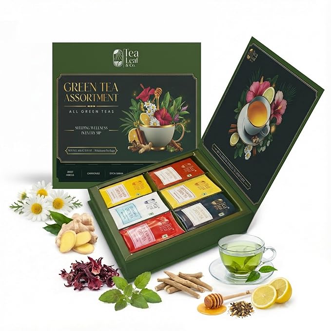 Tea Leaf & Co. 6 Pack Premium Green Tea Bags Gift Combo Box (Tulsi Ashwagandha, Lemon Ginger, Detox Kahwa, Honey Lemon, Sweet Hibiscus & Green Chamomile) - 8Oz