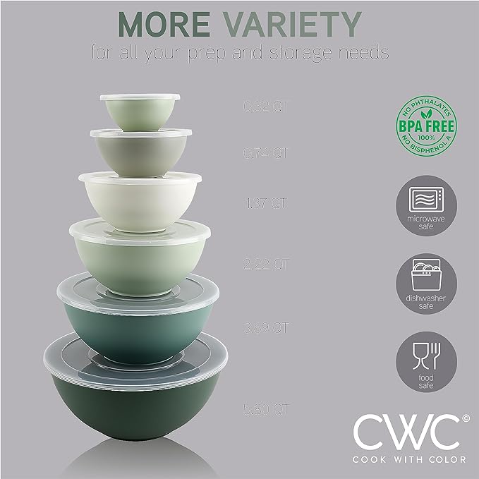 COOK WITH COLOR Mixing Bowls with Lids - 12 Piece Plastic Nesting Bowls Set includes 6 Prep Bowls and 6 Lids, Microwave Safe Mixing Bowl Set (Sage)