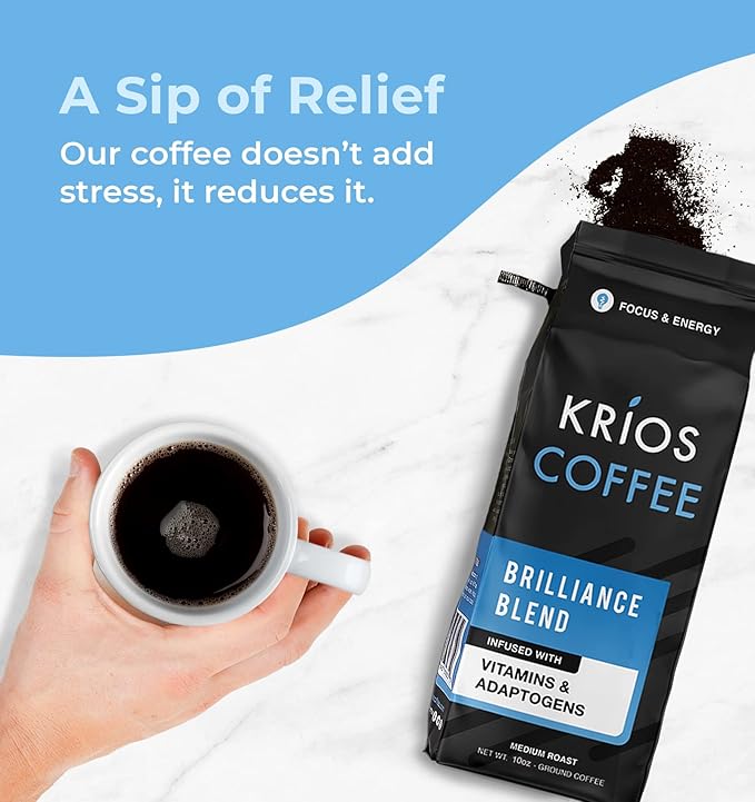 Krios Coffee Brilliance Ground Coffee, Enhance Energy & Focus with Essential Vitamins, L-Theanine & Rhodiola Rosea, Medium Roast, Smooth, 10 oz bag