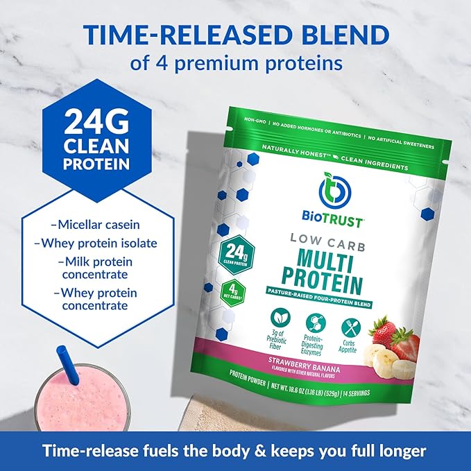 BioTrust Low Carb Protein Powder – Delicious Whey & Casein Blend from Grass-Fed Hormone Free Cows – Non GMO, Gluten Free (Strawberry Banana)