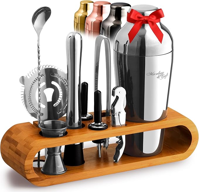 Mixology Bartender Kit: 10-Piece Bar Tool Set with Bamboo Stand | Perfect Home Bartending Kit and Martini Cocktail Shaker Set for a Perfect Drink Mixing Experience | Fun Housewarming Gift (Silver)