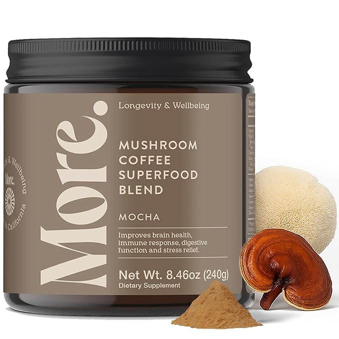 More. Longevity & Wellbeing Premium Mushroom Coffee Superfood – 7 Functional Mushrooms with Lions Mane Supplement, Reishi, Chaga & Ashwagandha Extract, Instant Coffee Alternative with Prebiotics and Essential Vitamins for Focus & Energy, Mocha