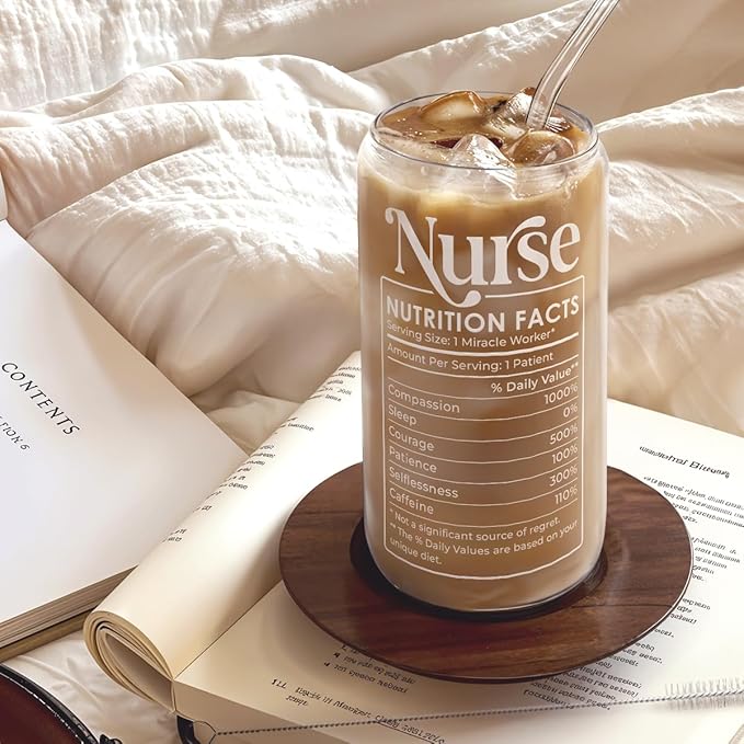 SANDJEST Nurse Life Glass Can Cup with Lid & Straw, Iced Coffee Aesthetic Cups, Idea Gift for Christmas Birthday Mother Day Nurse Week, Gifts for Women Friends, 16oz