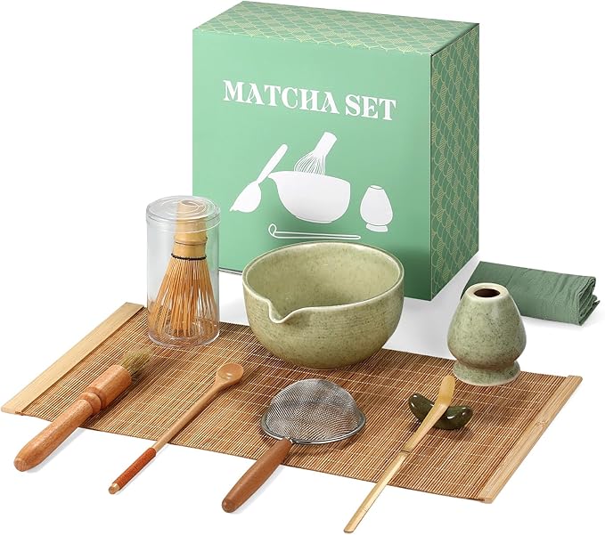Matcha Whisk Set 10pcs – Traditional Japanese Matcha Kit with Bamboo Whisk, Ceramic Matcha Bowl with Pouring Spout, atcha Kit for Ceremony, Making Tools for Tea Ceremony (Matcha Green)
