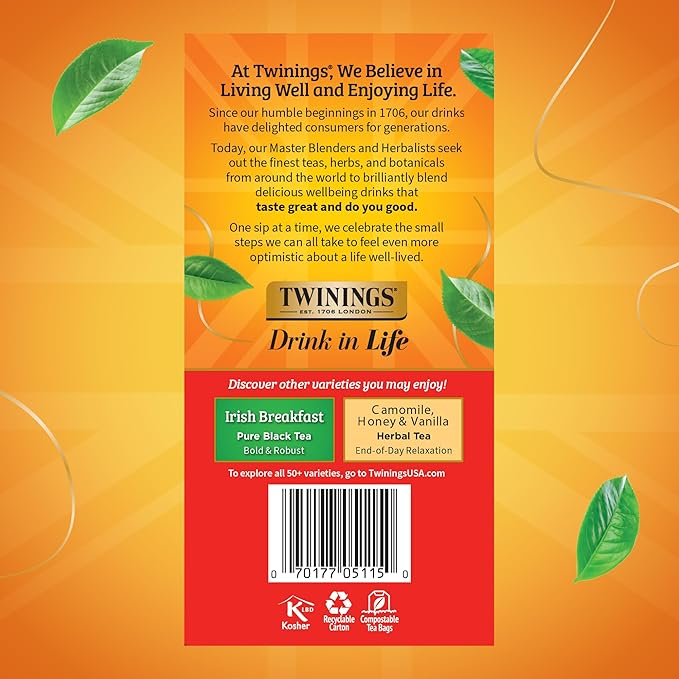 Twinings English Breakfast Black Tea Individually Wrapped Bags, 50 Count (Pack of 6), Flavourful, Robust, Caffeinated, Enjoy Hot or Iced, 300 Teabags