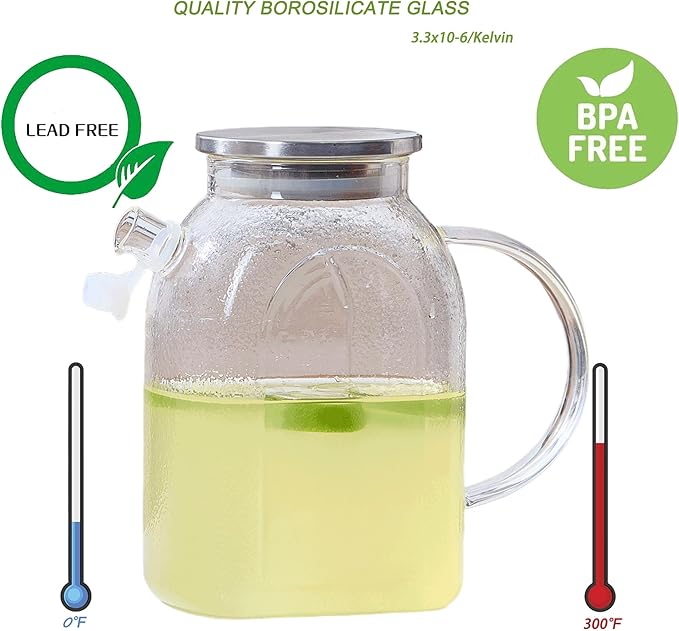 Purefold 1.5 Liter/50 oz Water Pitcher with Full Seal Lid and Spout, High Borosilicate Glass Jug, Leakproof Fridge Door Carafe for Iced Tea, Coffee, Juice, Milk Beverage