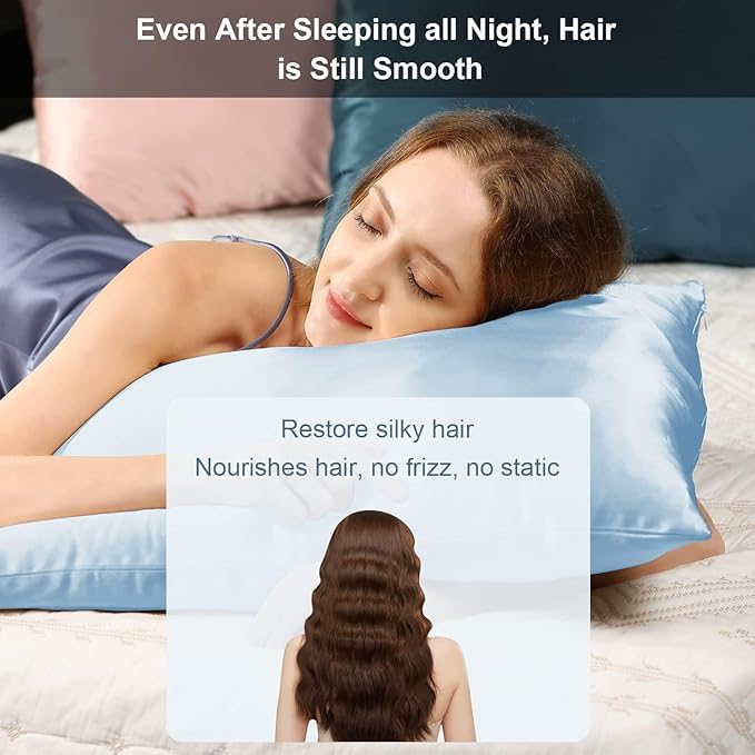 Silk Pillowcase for Hair and Skin with Hidden Zipper, Ravmix Both Sides 21Momme Mulberry Silk Cooling Pillow Case Queen Size 20×30inches, 1PCS, Light Blue