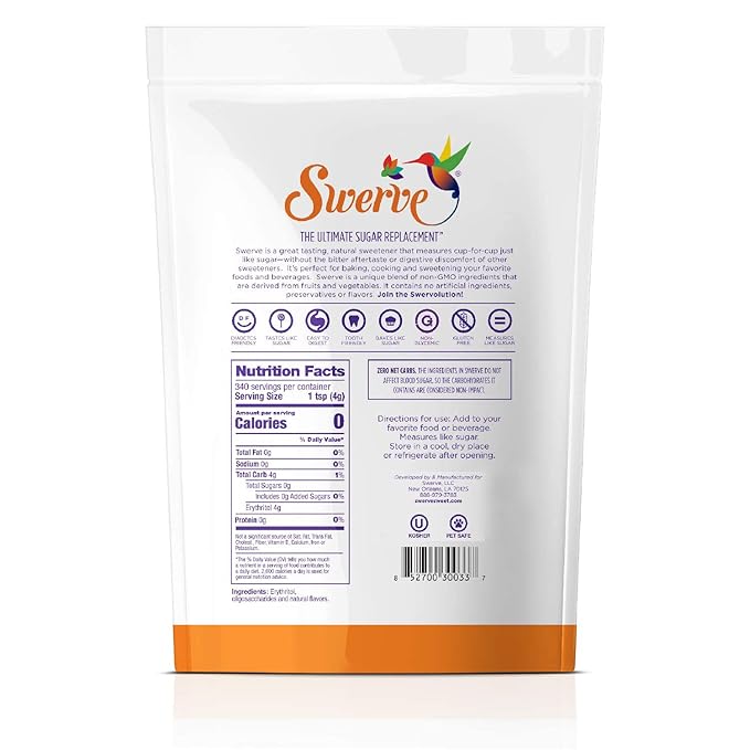Swerve Ultimate Sugar Replacement Sweetener, Granular Sugar Substitute, Zero Calorie, Keto Friendly, Zero Sugar, Non-Glycemic, Gluten Free, 48 ounces