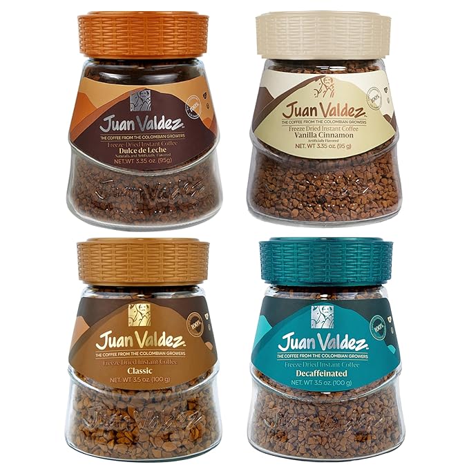 Juan Valdez Freeze-Dried Instant Coffee Bundle - Regular (3.5 oz), Decaf (3.5 oz), Dulce de Leche (3.35 oz) & Vanilla Cinnamon (3.35 oz) | 100% Colombian Arabica Beans | Premium Colombian Coffee
