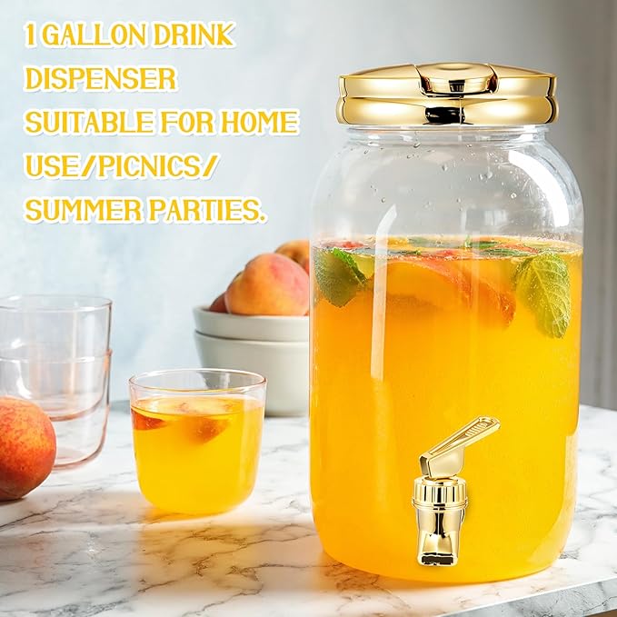 Havawish 2 Pcs 1 Gallon Plastic Beverage Dispenser with Spigot Clear Summer Kitchen Fridge Drink Dispenser for Parties Lemonade Juice Tea Beer Cold Water(Gold,Cylinder)