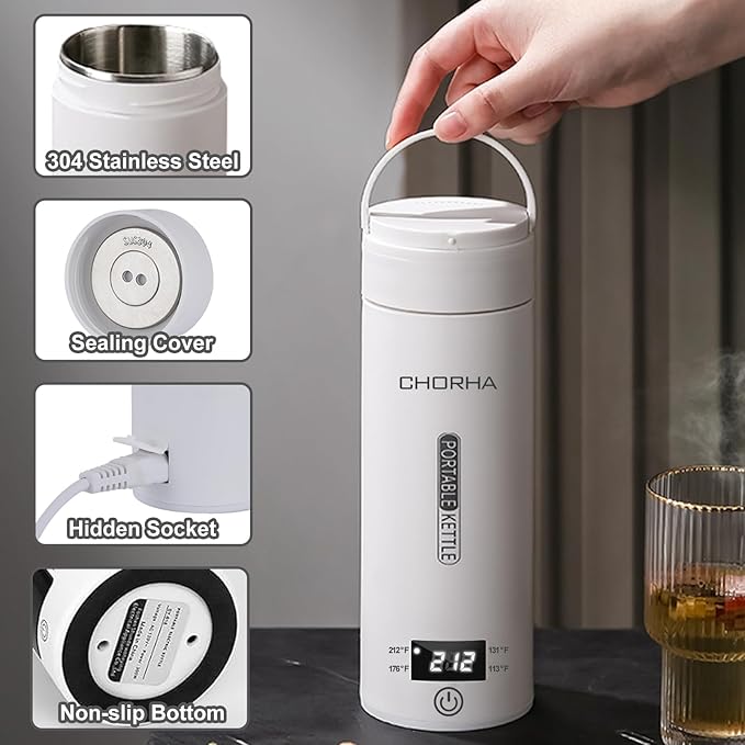 Electric Kettle Small Travel Kettle Tea Coffee Portable Kettle, 400ML with 4 Variable Presets, Electric Kettle Small 304 Stainless Steel with Auto Shut-Off & Boil Dry Protection (White)