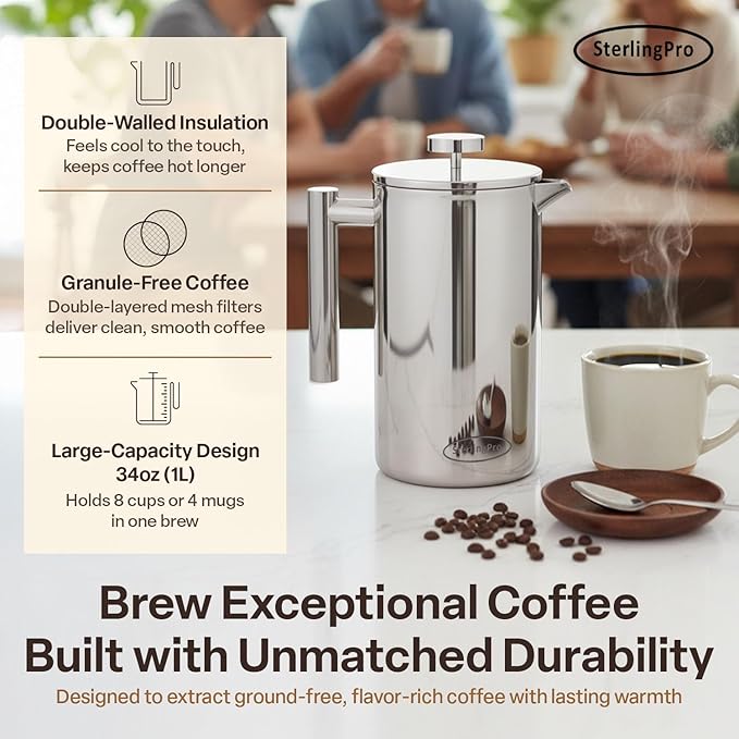 Stainless Steel French Press Coffee Maker Large 1 L(34 oz) Mirror – Durable Double Walled Insulated Coffee Press Keeps Drinks Hot, Easy to Use and Clean Stylish Design for Rich Flavor