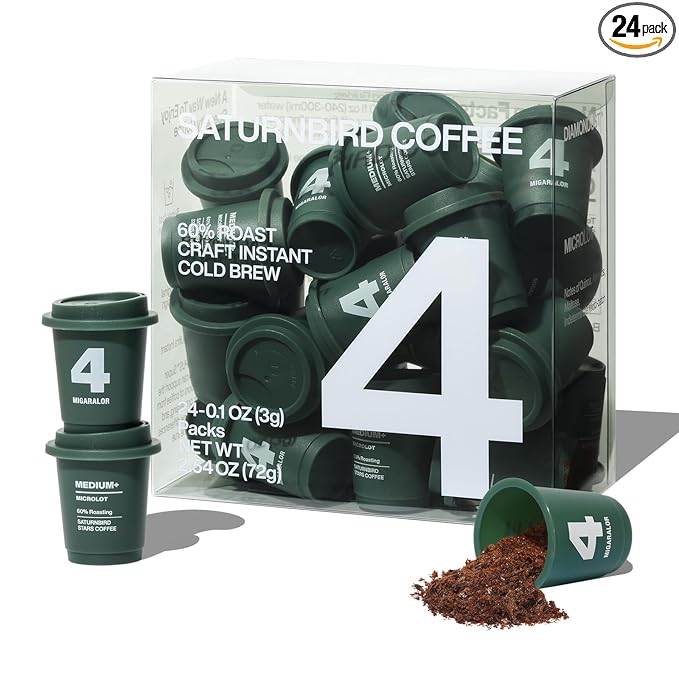 SATURNBIRD Instant Coffee Cold Brew，Coffee Packets of Medium-Dark Roast, 100% Arabica, Enjoy Hot/Cold Freeze Dried Iced Coffee, 24 Single Servings for Home, Travel, Office (NO.4)
