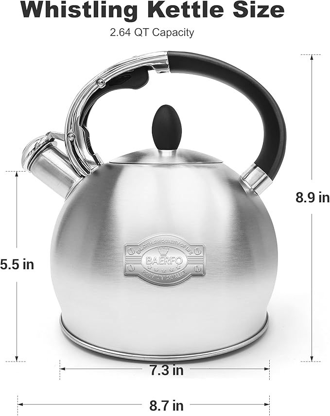 Stainless Steel Tea Kettle, Tea Kettles Stovetop, Vintage Whistling Teapot for Stove, Durable and Rust-Resistant, with a Pot Holder Included, Whistling Tea Kettle 2.64 Quart (Brushed)