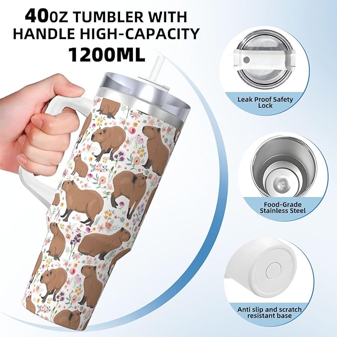 Capybara Gifts Capybara Tumbler Water Bottle Cup for Girls, Teens, Women, Men Stainless Steel Vacuum Insulated 40oz Tumbler with Lid and Straw for Water, Iced Tea or Coffee, White