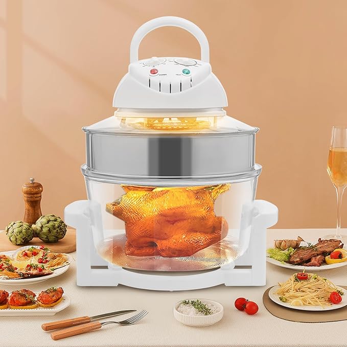 17L Glass Turbo Air Fryer, 18Qt Large Capacity 360° Viewable Airy Fryer, 1200W-1400W Electric Halogen Oven, Automatic Power Off/Knob Control for Baking, Frying, Steaming