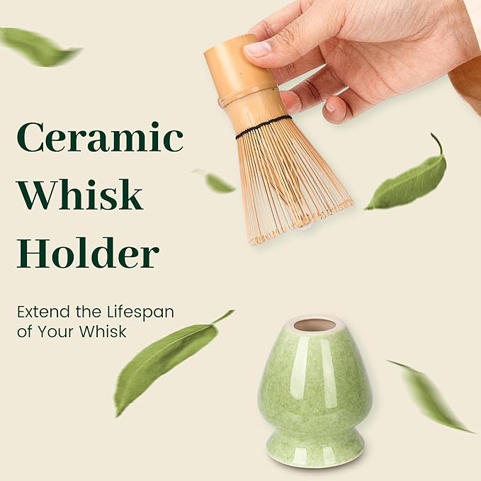 Matcha Whisk Set, Ceramic Matcha Set Includes Matcha Bowl, Matcha Whisk and Holder, Bamboo Scoop, Sifter 5 Pcs Matcha Kit for Matcha Lovers (Mottled Green)