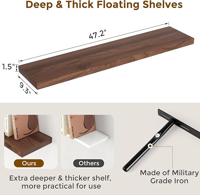 Fun Memories Farmhouse Floating Shelves for Wall, 48 x 9.3 Large Floating Shelf Wall Mounted, Rustic Wood Shelves for Bathroom, Kitchen, Living, Heavy-Duty Storage Deep Shelf for Books, Decor, Walnut
