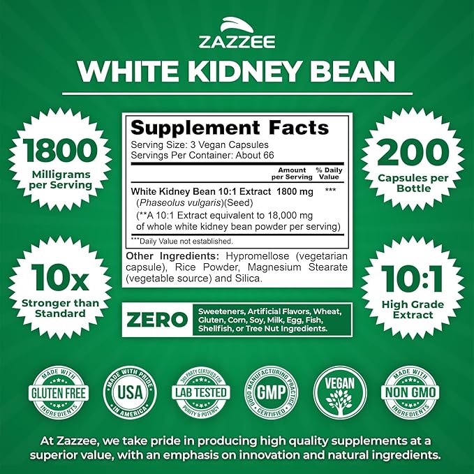 Zazzee White Kidney Bean 10:1 Extract, 1800 mg per Serving, 200 Vegan Capsules, Over 2 Month Supply, Standardized, Concentrated 10X Extract, 100% Vegetarian, All-Natural and Non-GMO, Made in The USA