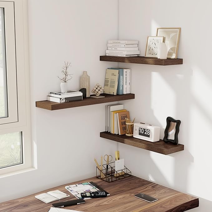 Fun Memories Floating Shelves for Wall, 32W x 8D Floating Wall Shelves with Invisible Brackets Set of 2, Hanging Rustic Wood Shelf Decoration for Bedroom, Bathroom, Living Room and Kitchen, Walnut