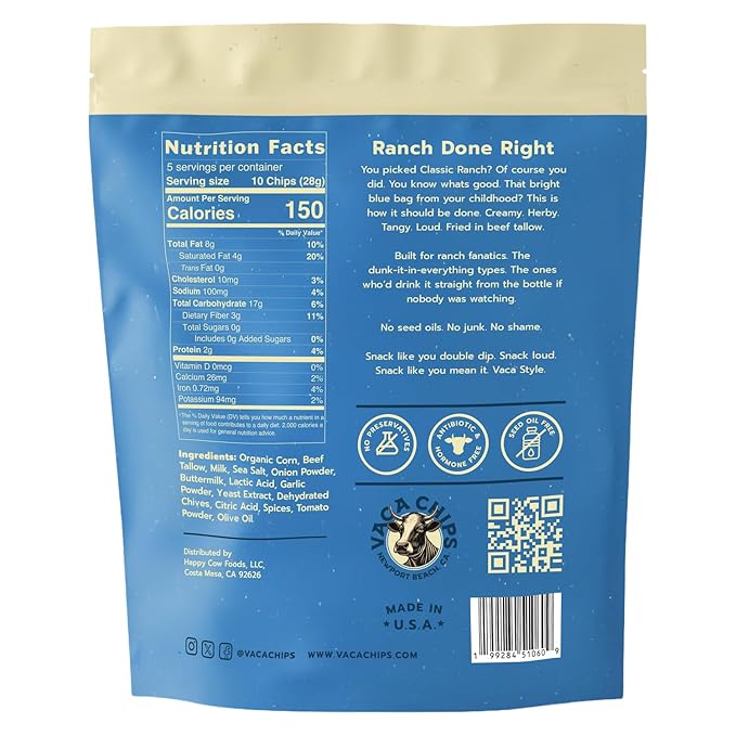 Vaca Chips – Beef Tallow Tortilla Chips, Classic Ranch Flavor – 3 Pack of 5 oz Bags – Seed Oil Free Snack Made with Organic Corn & Clean Ingredients – Gluten Free, No Preservatives, Cooked in Beef Tallow