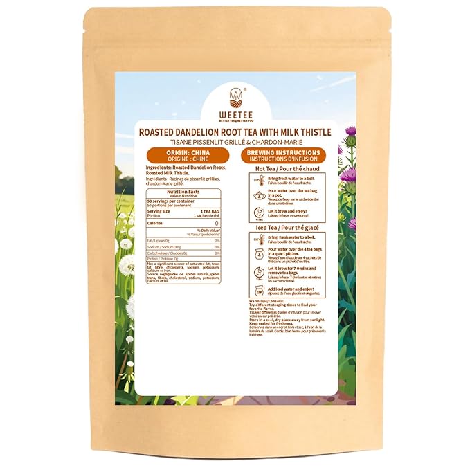 WT WEETEE Roasted Dandelion Root Tea with Milk Thistle, 50 Count Caffeine Free Herbal Tea Bags for Liver Cleanse, Naturally Roasted, Coffee-Like Flavor – Detox Herbal Blend