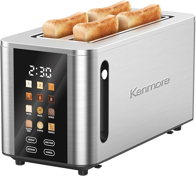 Kenmore 4-Slice Long Slot Toaster | Color Touch Screen & 6 Shade Settings | Extra Wide Slots | Digital Timer | Customizable Smart Presets | Reheat, Defrost, Add Time Functions | Stainless Steel