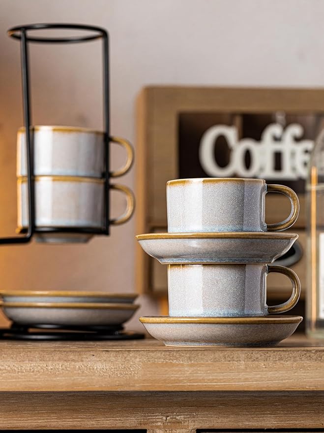 Gomakren 2.5 Ounce Espresso Cups Set of 4, Small Stackable Coffee Cups with Saucers and Metal Stand, Christmas Porcelain Demitasse Cups for Specialty Coffee Drinks, Espresso, Cappuccino, Latte, Gray