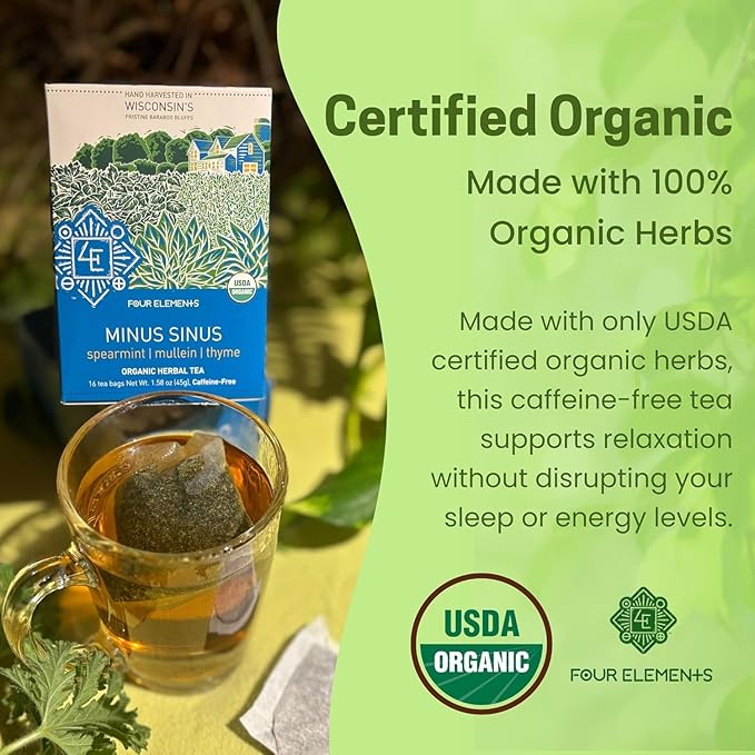 Four Elements Minus Sinus Tea 2 x [16 Teabags, 1.2 oz] | Organic Spearmint Tea with Mullein & Thyme | Caffeine Free Herbal Blend with Refreshing Aroma & Comforting Flavor | Enjoy Hot or Iced Latte