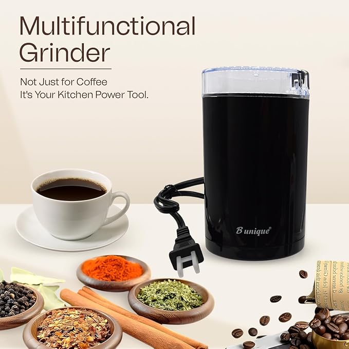 B Unique Electric Coffee & Spice Grinder, 300ml Stainless Steel | Powerful Grinder for Beans, Herbs, Nuts & Seeds | Fast, Safe, Easy to Clean | Compact Kitchen Design