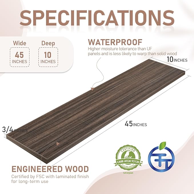 Kaboon 45 inch Long 10 inch Deep Floating Shelves for Wall Set of 2, Large Open Shelves Wall Mounted, Space Saving Home and Commercial Use, Eucalyptus
