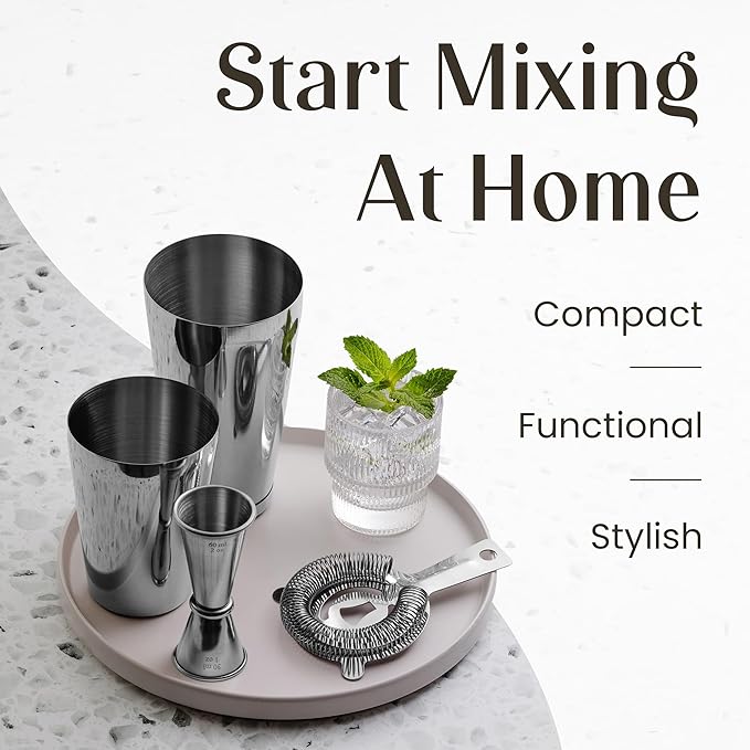 Mixology Cocktail Shaker Boston Shaker Set Professional Weighted Martini Shakers, Strainer and Japanese Jigger, Portable Bar Set for Drink Mixer Bartending, Exclusive Recipes Cards (Silver)