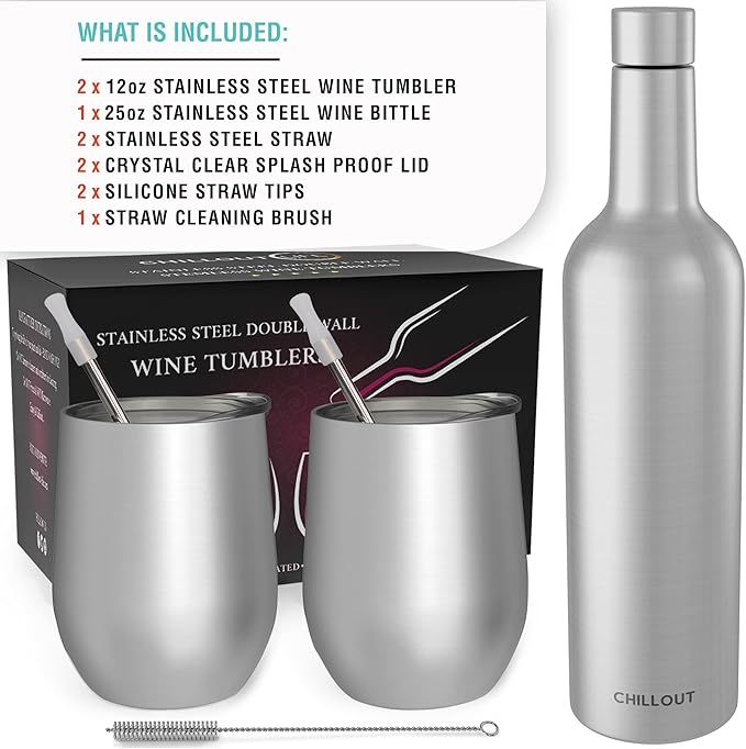 CHILLOUT LIFE 12 oz Stainless Steel Wine Tumblers 2 Pack & 1 Insulated Wine Bottle - Double Wall Vacuum Insulated Wine Glasses Cups with Lids and Straws Set Keeping Cold & Hot Gift Set