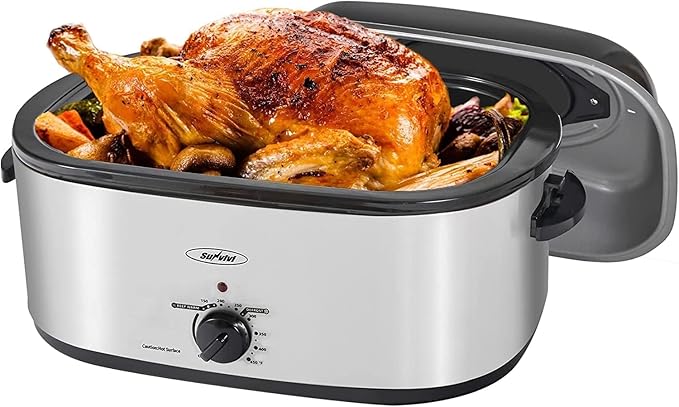Sunvivi Electric Roaster, 18 Quart Roasting Oven with Self-Basting Lid Removable Pan, Turkey Roaster Oven with 150 to 450F Temperature Control Cool-Touch Handles, Silver
